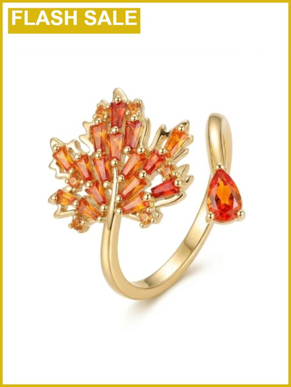 Adjustable Open Ring with Maple Leaf and Zircon Accent
